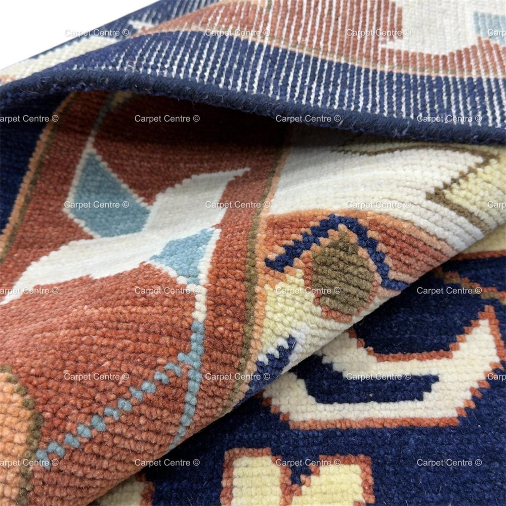 Navy Blue Oushak Rug, Rust Geometric Turkish Tribal Boho Area Rug