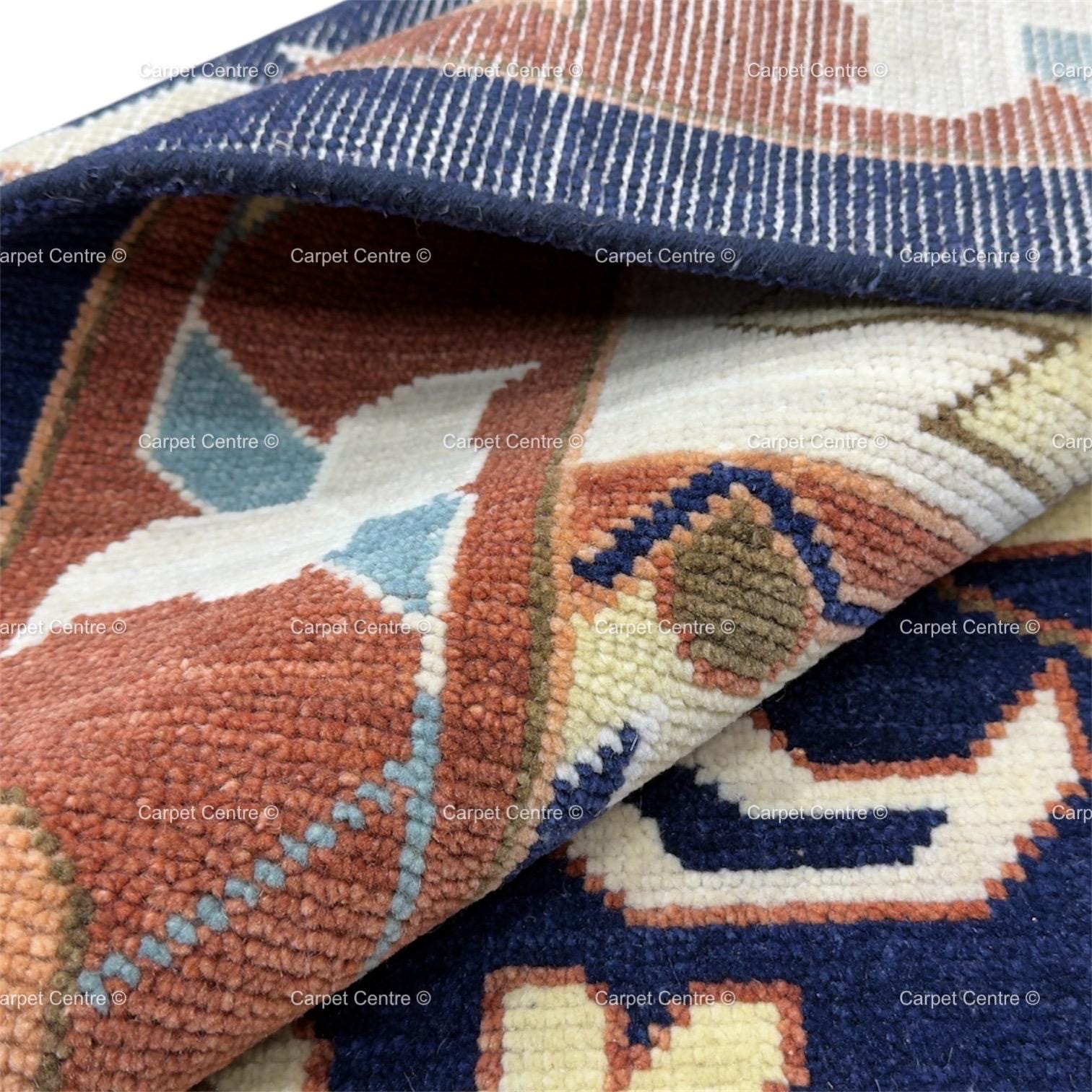 Navy Blue Oushak Rug, Rust Geometric Turkish Tribal Boho Area Rug