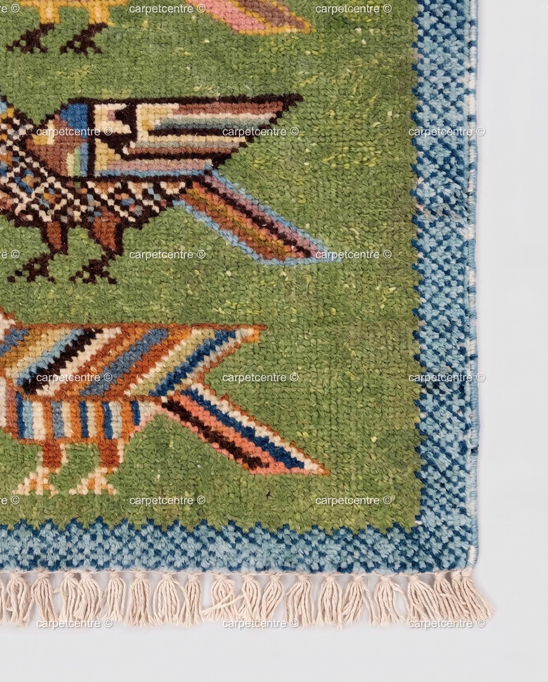 Handmade Wool Runner Rug, Folk Art Bird Design, Olive Green Carpet, Custom Sizes