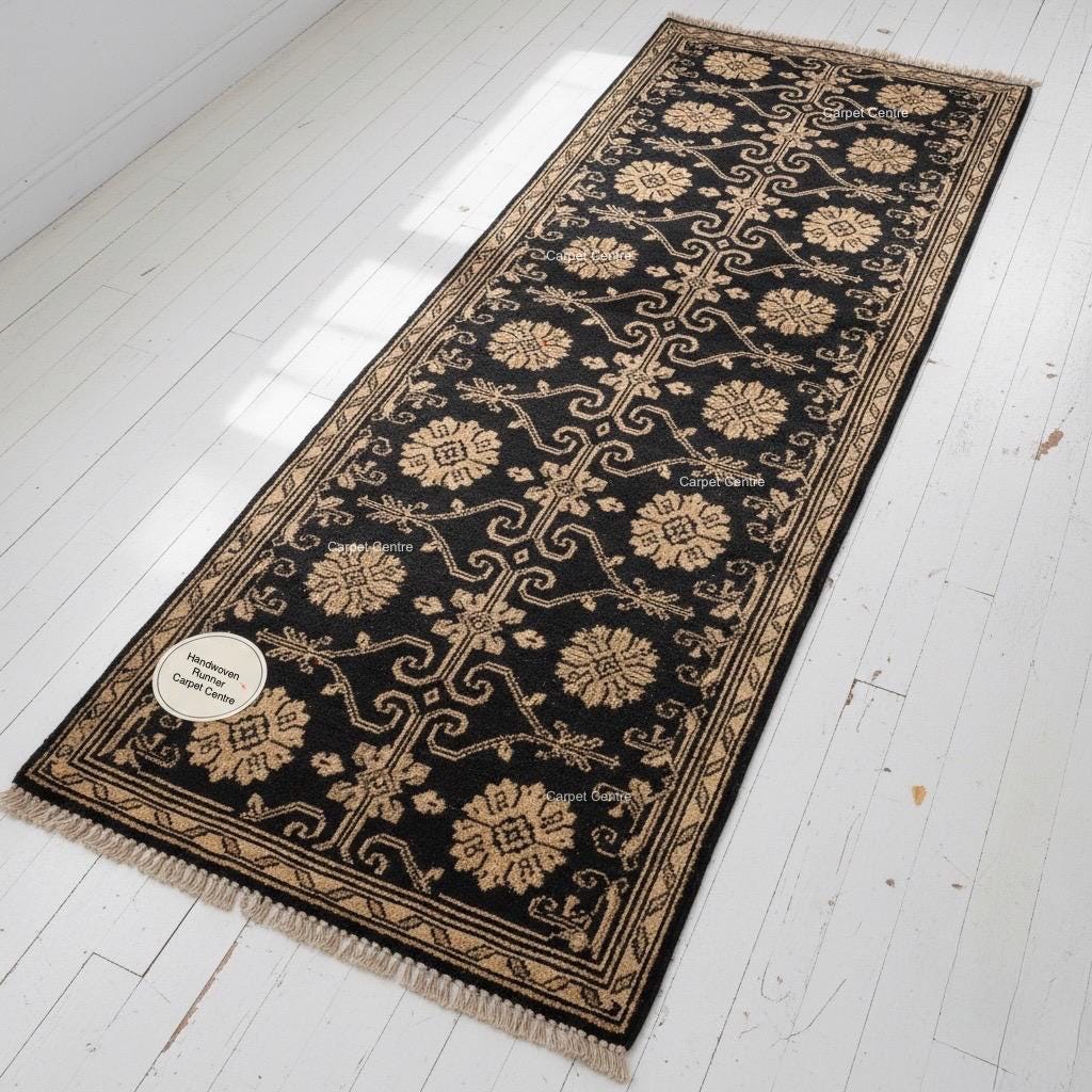 Hand-Knotted Wool Runner Rug, Black and Beige Floral Lattice, Oushak Quality