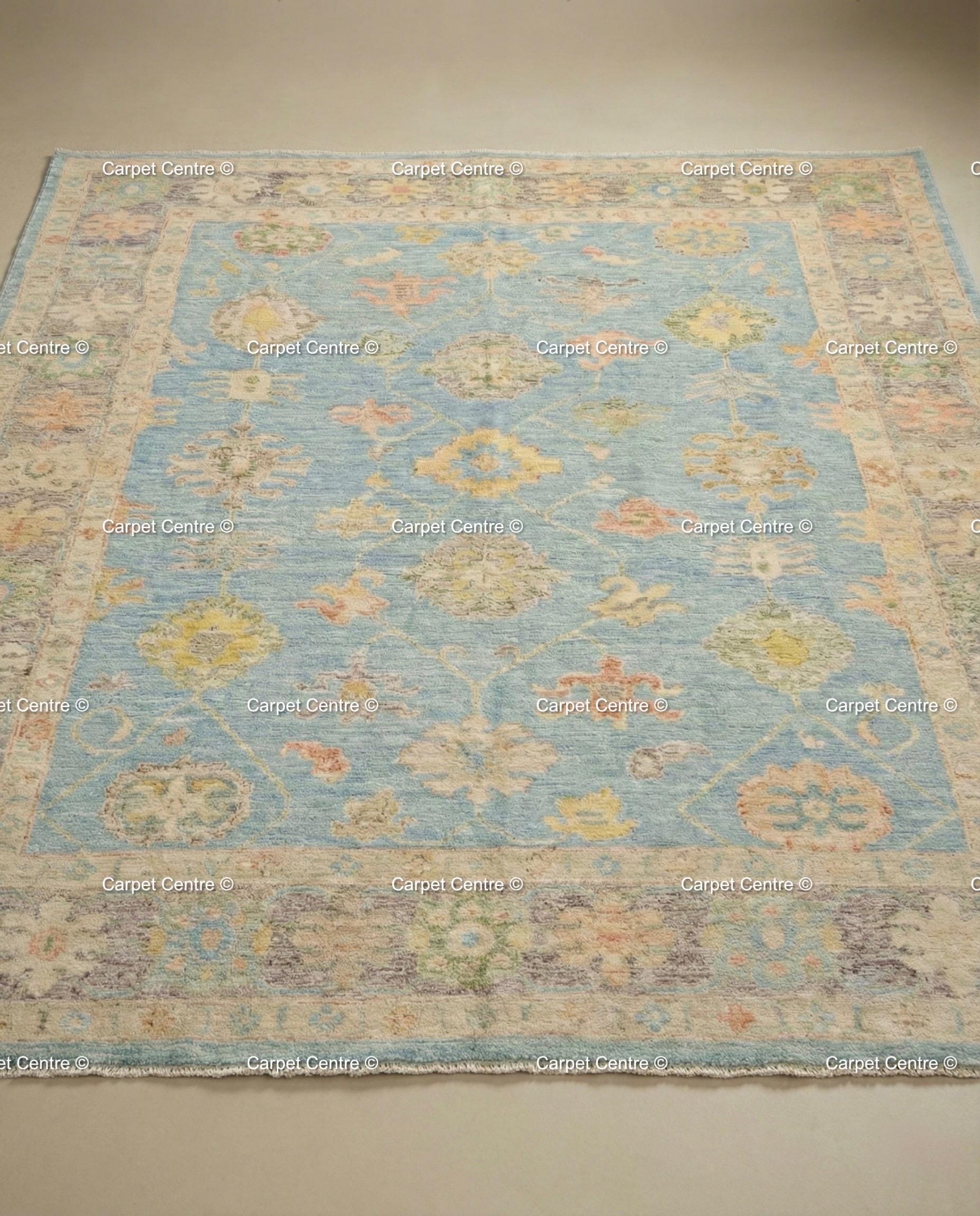 Handmade Sky Blue Oushak Wool Rug, Turkish Knot, Coastal Farmhouse Decor