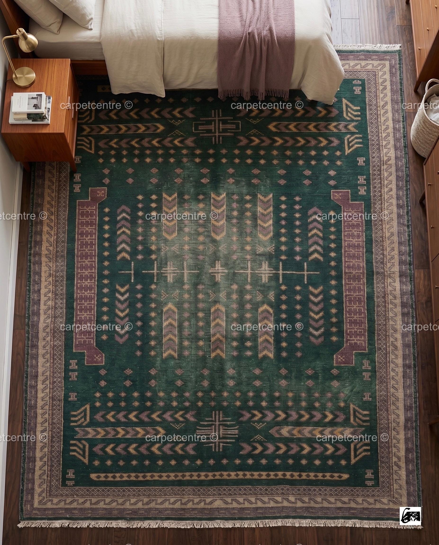 Vintage Oushak Rug | Emerald Geometric Wool Carpet | Distressed Tribal Boho Decor