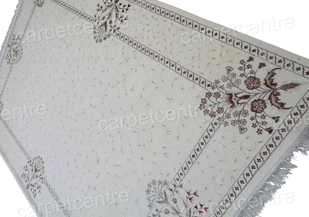 Handwoven Wool Art Silk Rug: Ivory Floral Border (11'3" x 8'3")