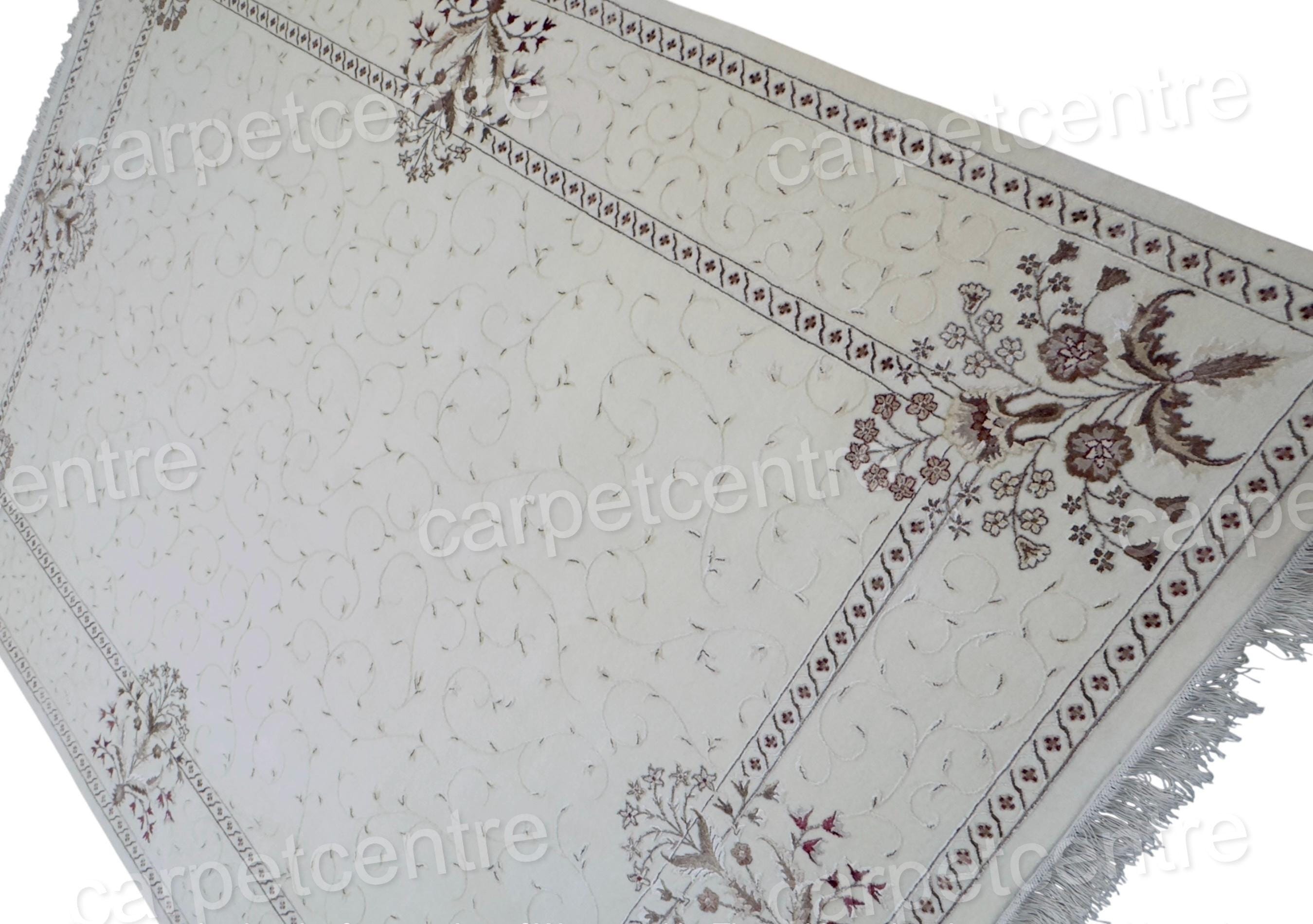 Handwoven Wool Art Silk Rug: Ivory Floral Border (11'3" x 8'3")