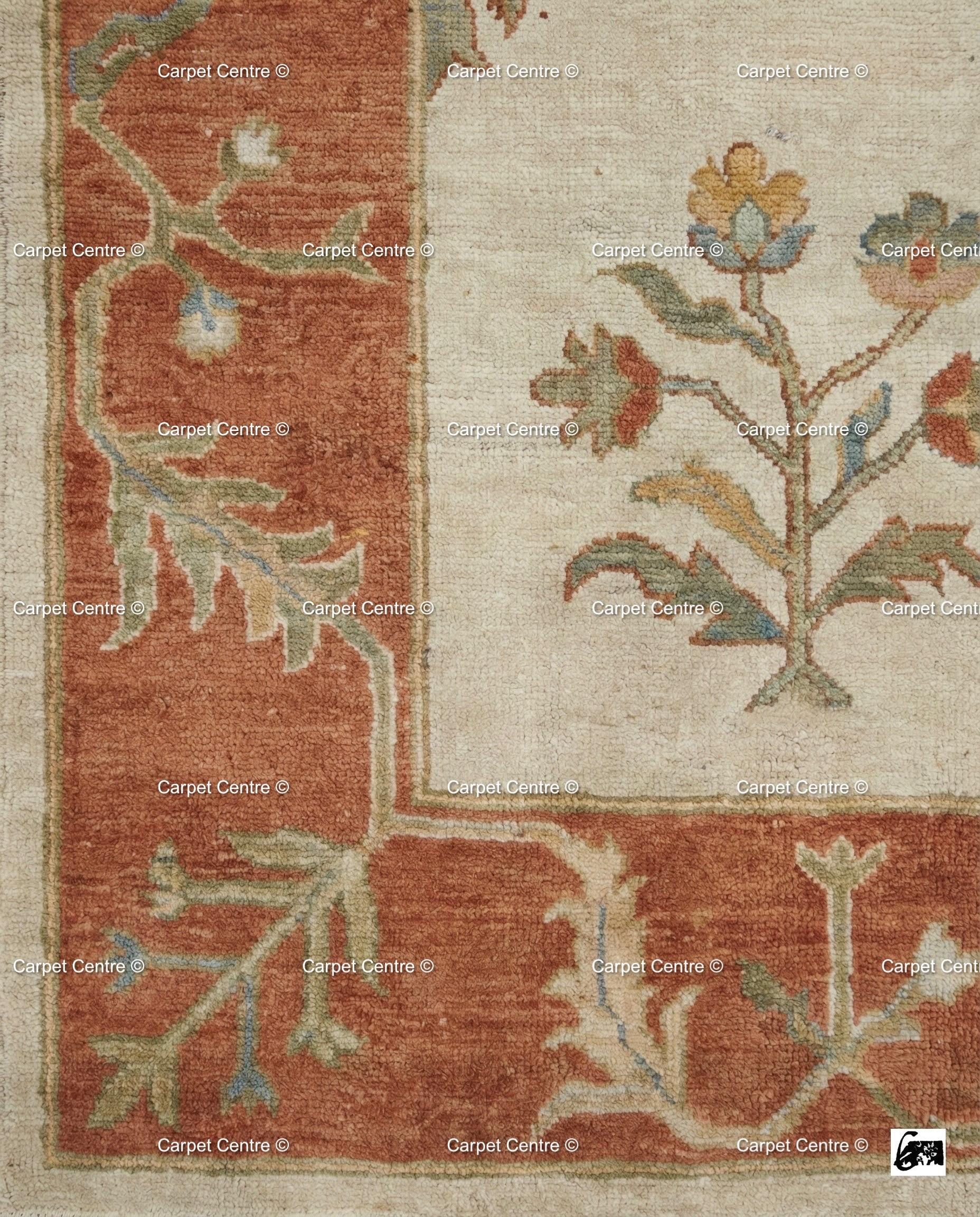 Hand-Knotted Wool Oushak Rug, Beige and Rust, Folk Art Floral Geometric