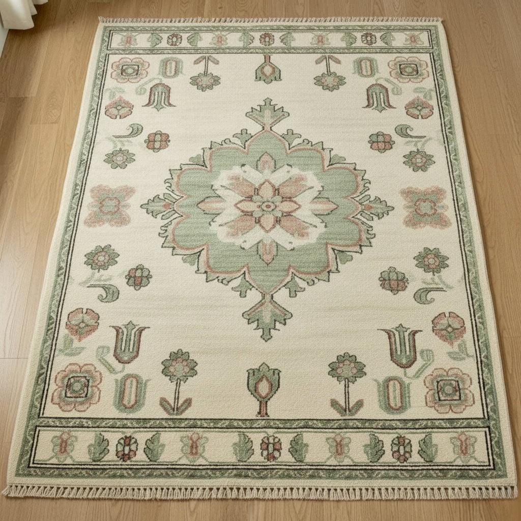 Hand-Knotted Oushak Wool Rug | Ivory, Sage Green Floral Medallion