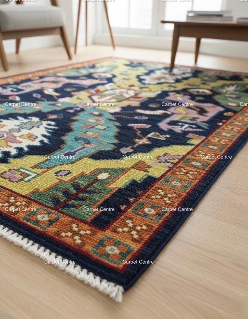 Navy Blue Oushak Rug, Hand-Knotted Wool, Geometric Boho Rug