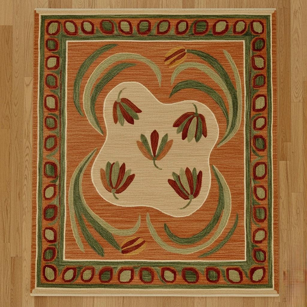 Handwoven Oushak Wool Rug: Terracotta Sage Green Floral Medallion