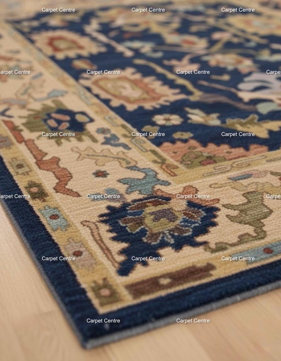 Navy Blue Oushak Wool Rug | Hand-Knotted Medallion Carpet
