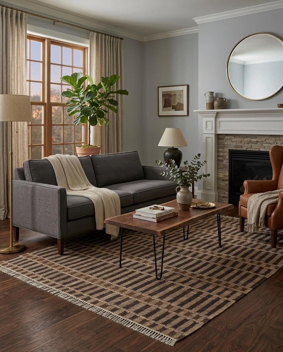 Hand Knotted Wool Rug: Modern Striped, New Zealand Wool, Turkish Knot, Brown Beige Carpet