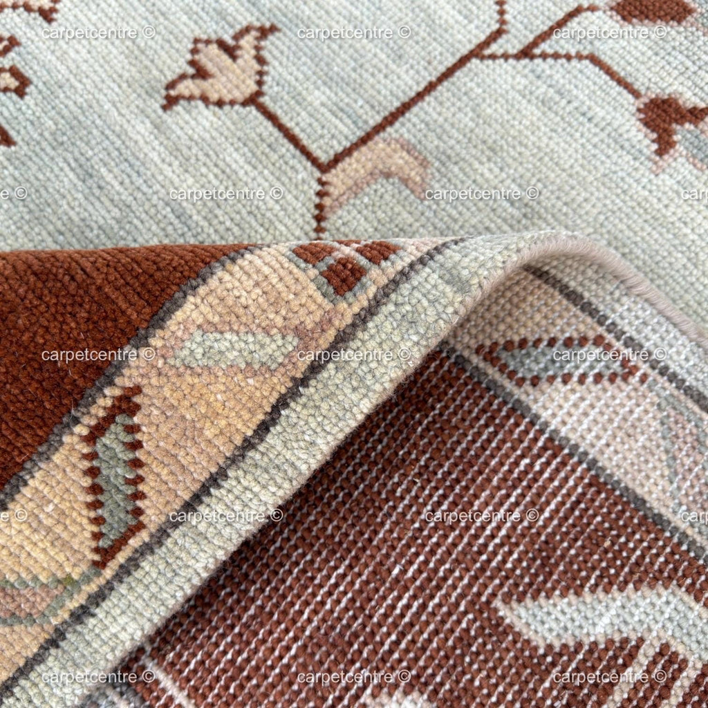 Hand Knotted Wool Oushak Rug, Mint Green Floral Turkish Carpet, Rust Border Area Rug