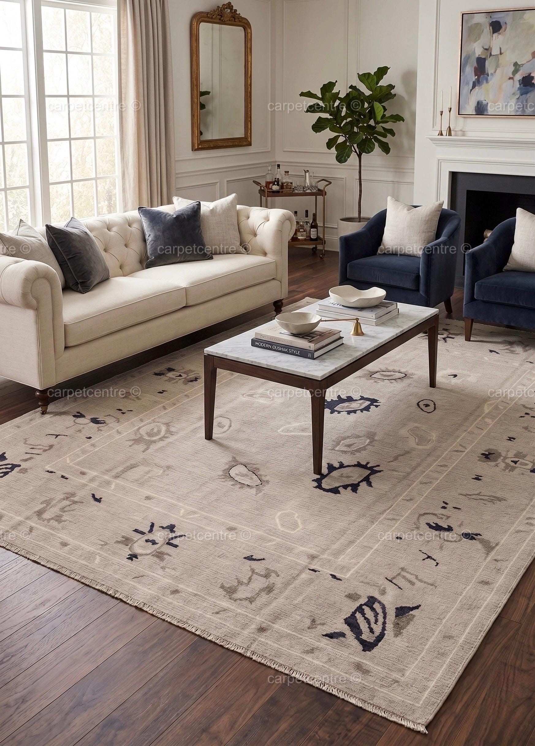 Hand Knotted Oushak Wool Rug | Neutral Beige Tribal Abstract Area Rug