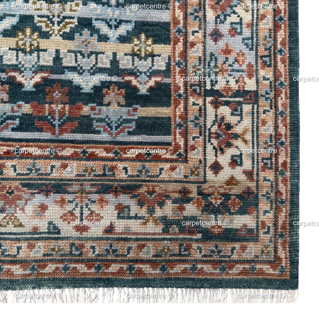 Hand Knotted Wool Oushak Rug, Teal Blue Rust Tribal Geometric (8'x10')