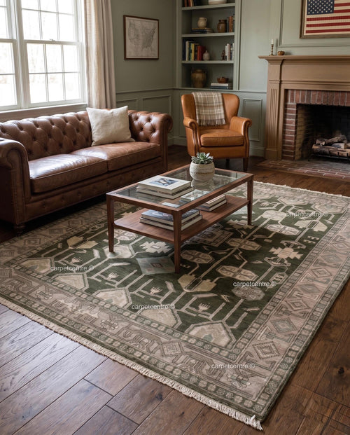 Hand Knotted Oushak Rug, Olive Green Wool, Geometric Tribal Anatolian Carpet