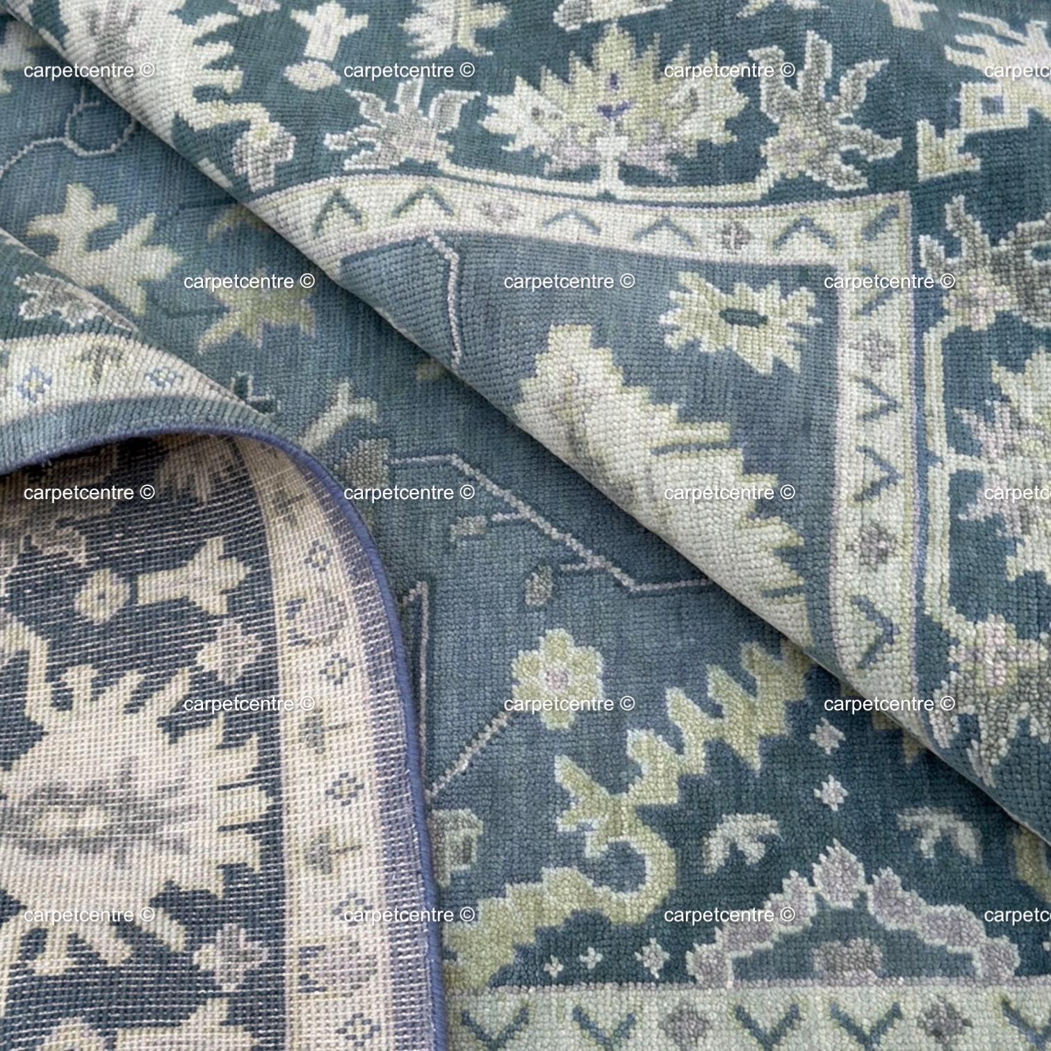Muted Blue Oushak Rug | Vintage Geometric Turkish Wool Area Rug