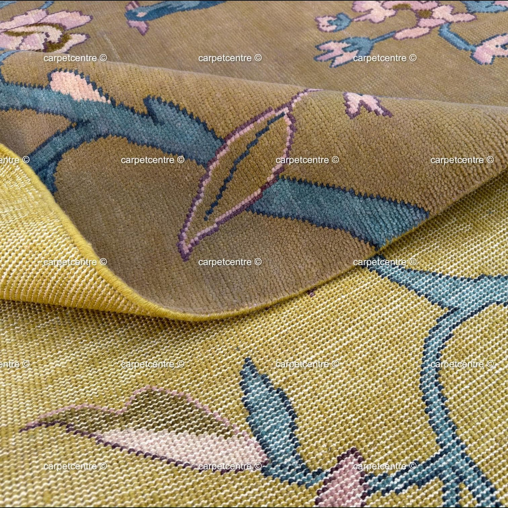 Olive Green Chinoiserie Wool Rug, Hand-Knotted Bird Pagoda Design