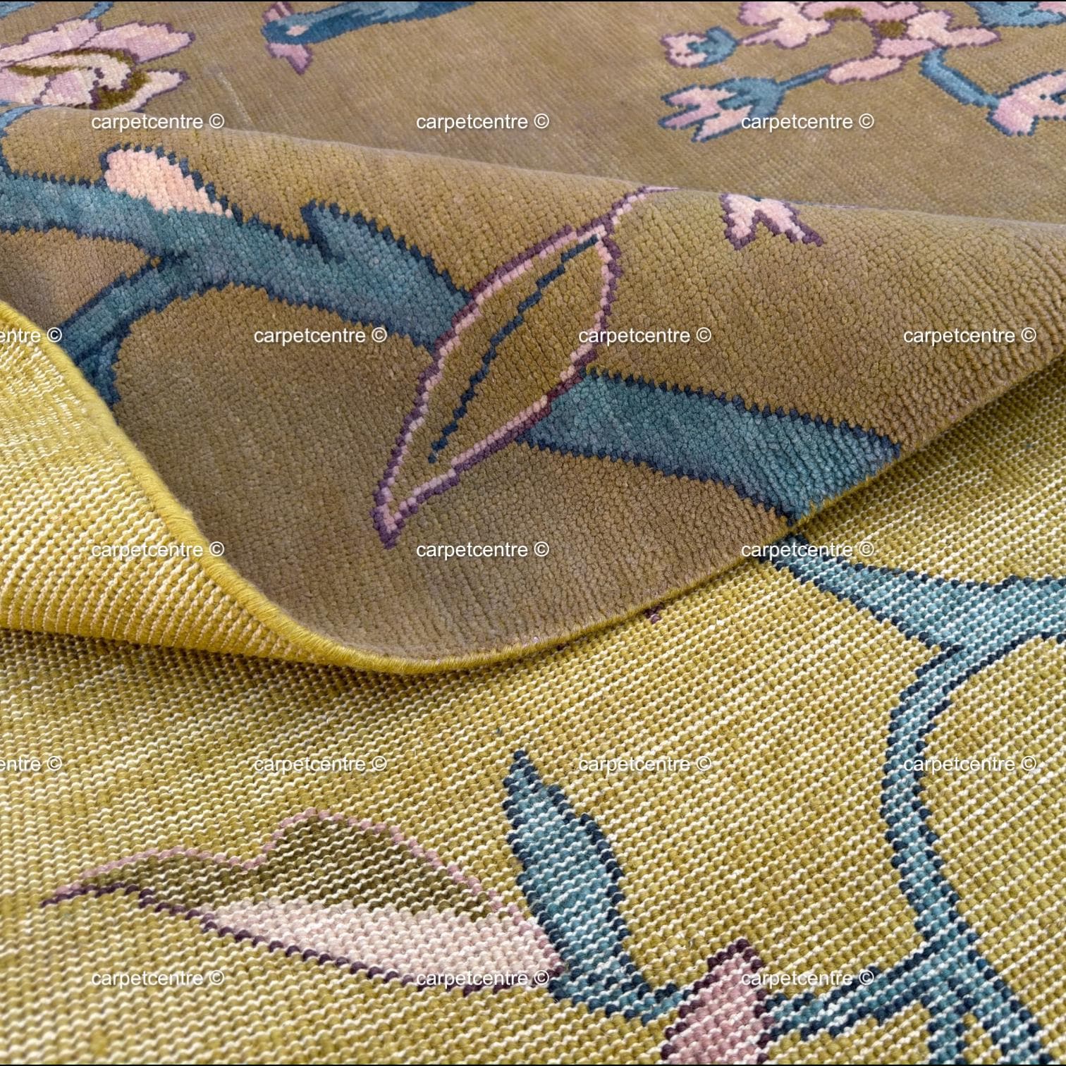 Olive Green Chinoiserie Wool Rug, Hand-Knotted Bird Pagoda Design