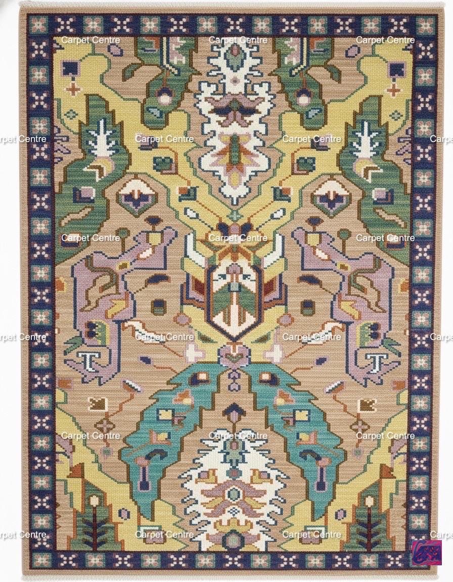 Hand-Knotted Oushak Wool Rug, Teal & Tan Geometric Kilim Design
