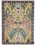 Hand-Knotted Oushak Wool Rug, Teal & Tan Geometric Kilim Design