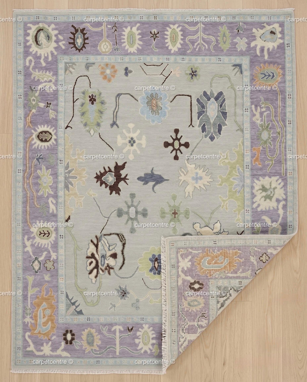 Hand Knotted Oushak Rug: Lavender Border, New Zealand Wool Carpet
