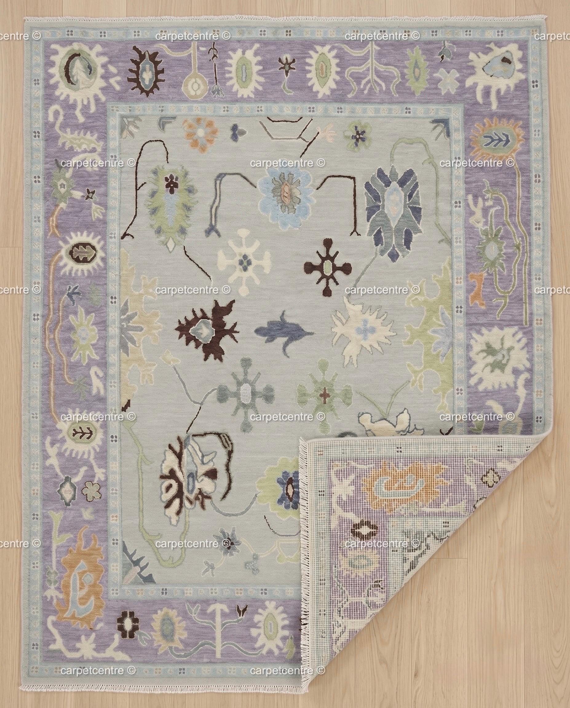 Hand Knotted Oushak Rug: Lavender Border, New Zealand Wool Carpet