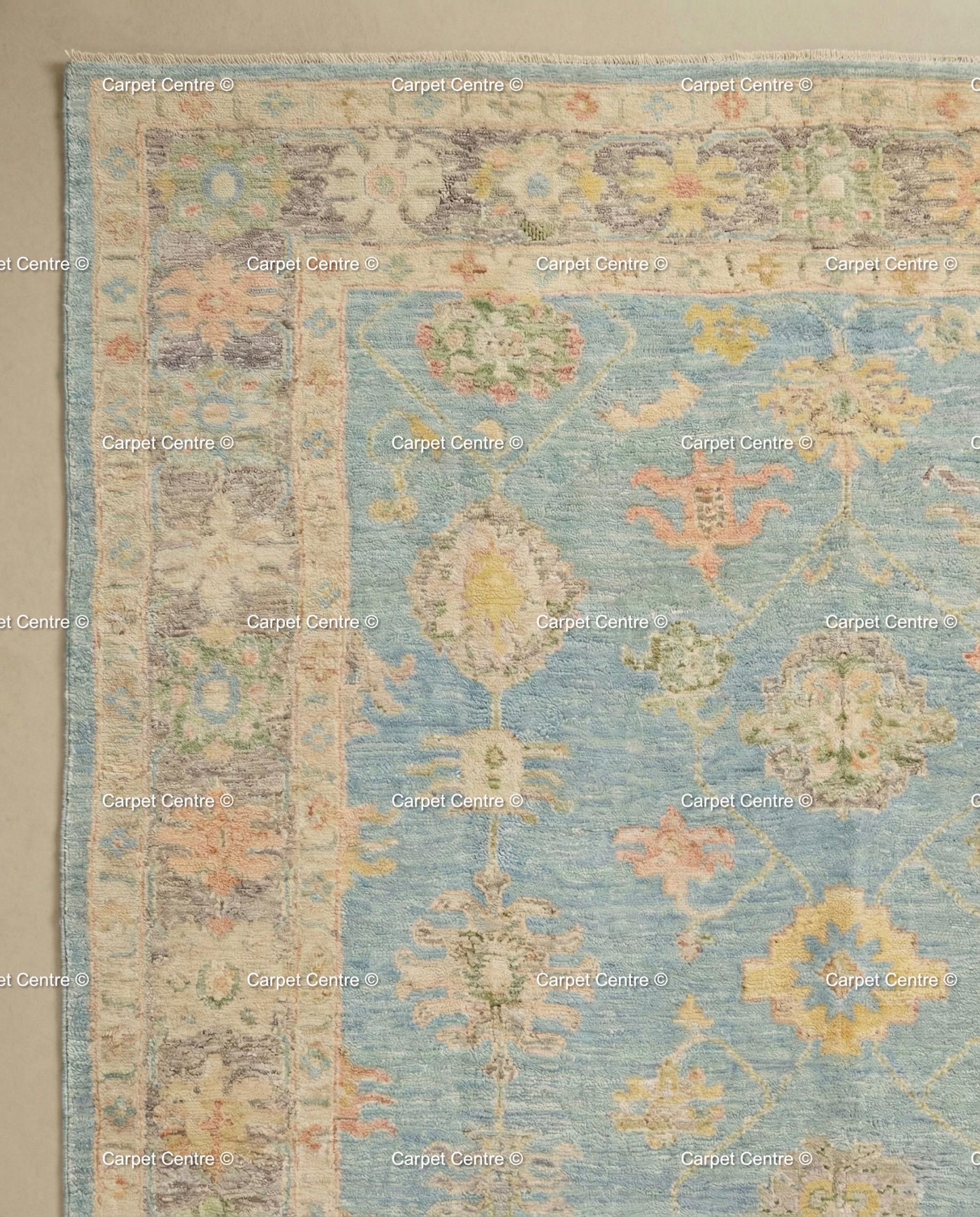 Handmade Sky Blue Oushak Wool Rug, Turkish Knot, Coastal Farmhouse Decor