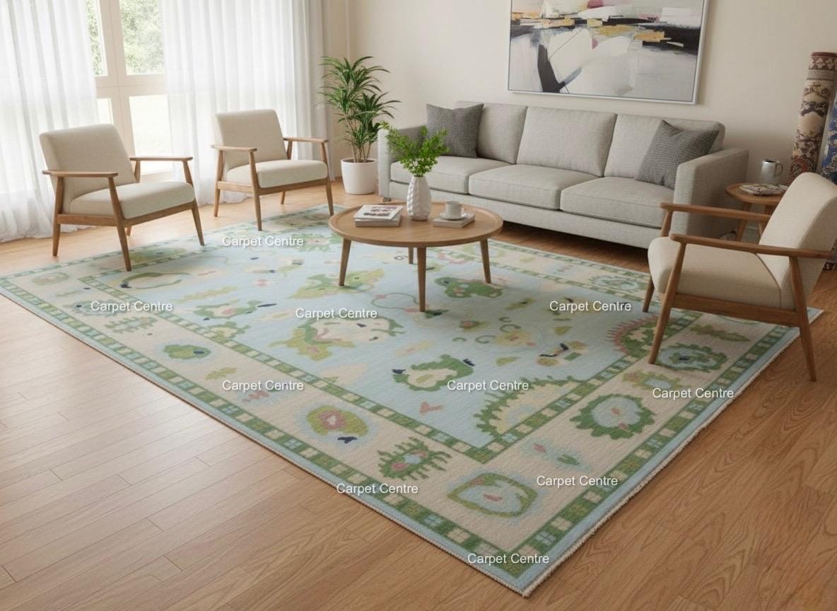 Handmade Oushak Wool Rug: Aqua Blue & Sage Green, Abstract Design