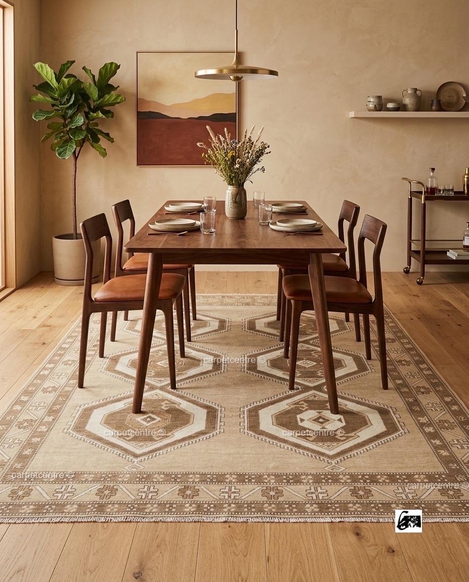 Handknotted Oushak Rug | Neutral Beige Wool Turkish Tribal Carpet