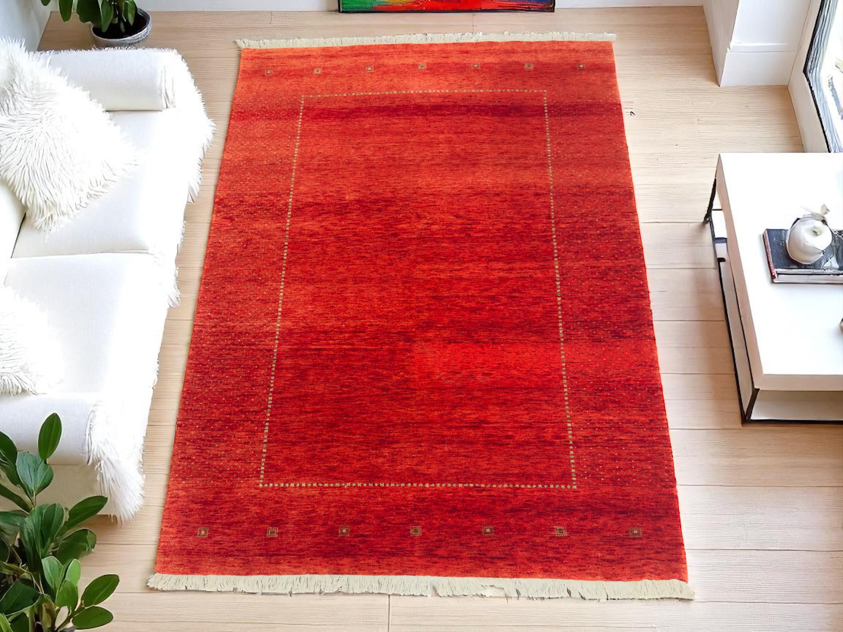Hand-Knotted Lincoln Wool Rug: Red Gabbeh Style, 7'11" x 5'6"