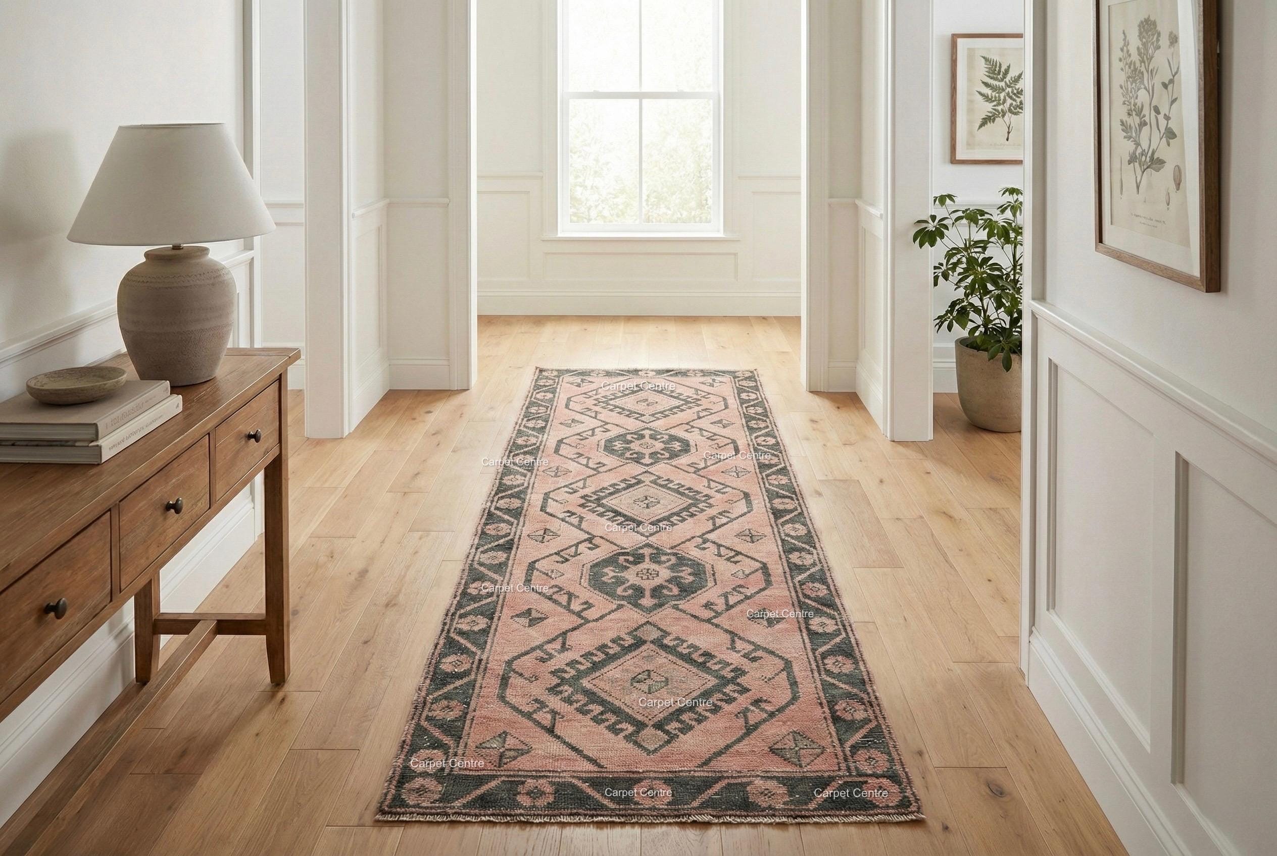 Muted Pink Oushak Turkish Runner, Hand-Knotted Wool Geometric Rug, Boho Hallway Mat