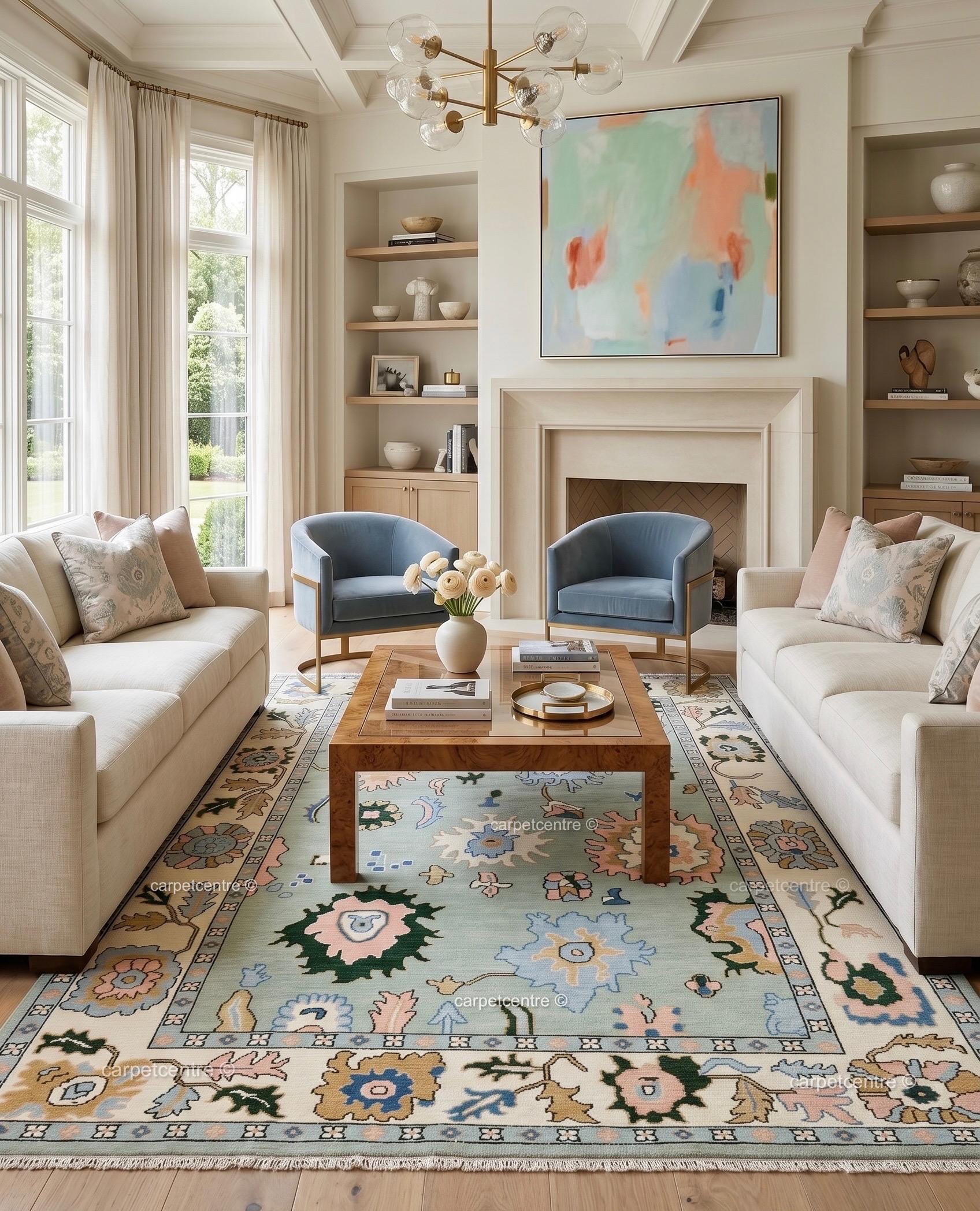 Hand Knotted Wool Oushak Rug, Muted Floral Vintage Style Turkish Area Rug