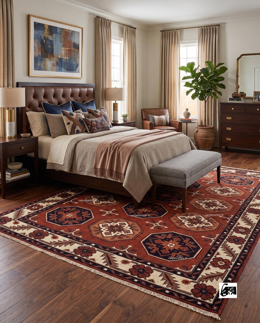 Terracotta Hand Knotted Wool Oushak Rug, Tribal Geometric Area Rug, Turkish Knot Decor