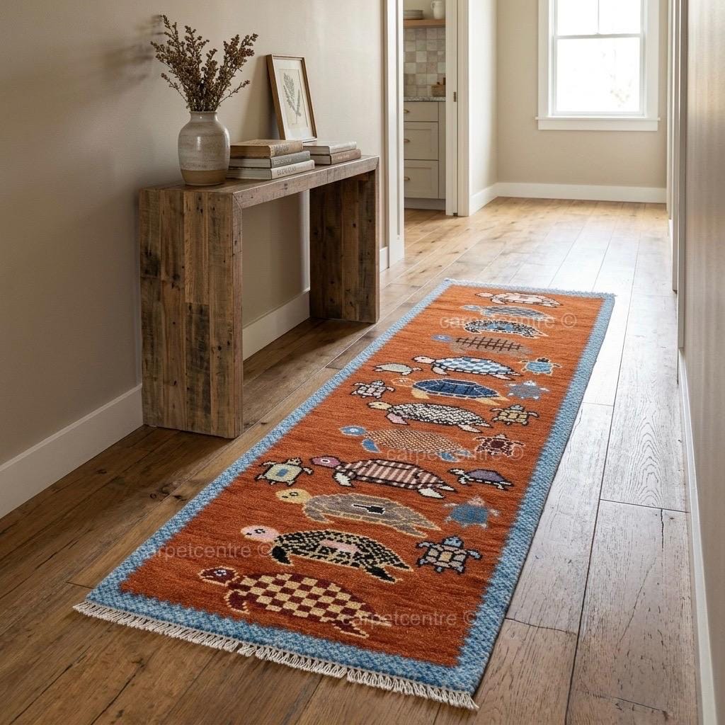 Hand Knotted Turtle Runner Rug, New Zealand Wool Oushak Style Carpet