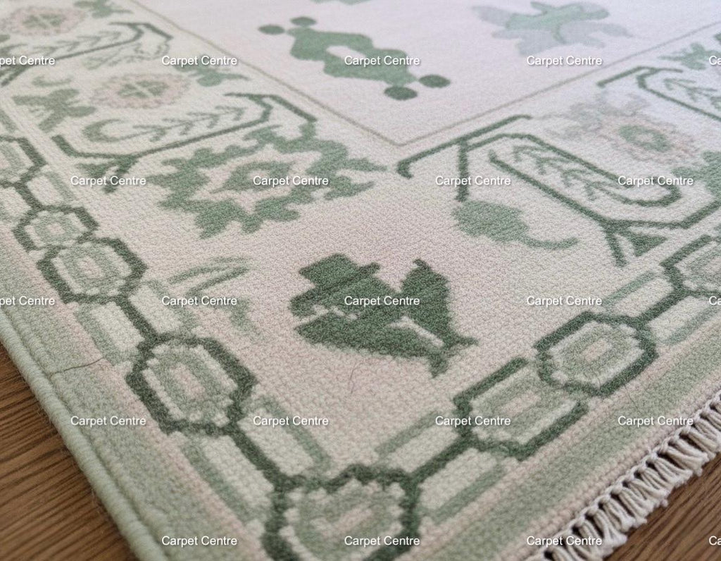 Hand-Knotted Oushak Wool Rug: Sage Green Medallion, Transitional Design