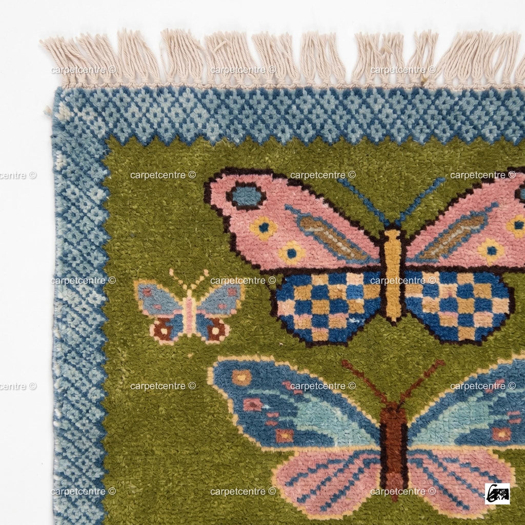 Handmade Wool Butterfly Runner Rug – Olive Green Insect Motif Carpet