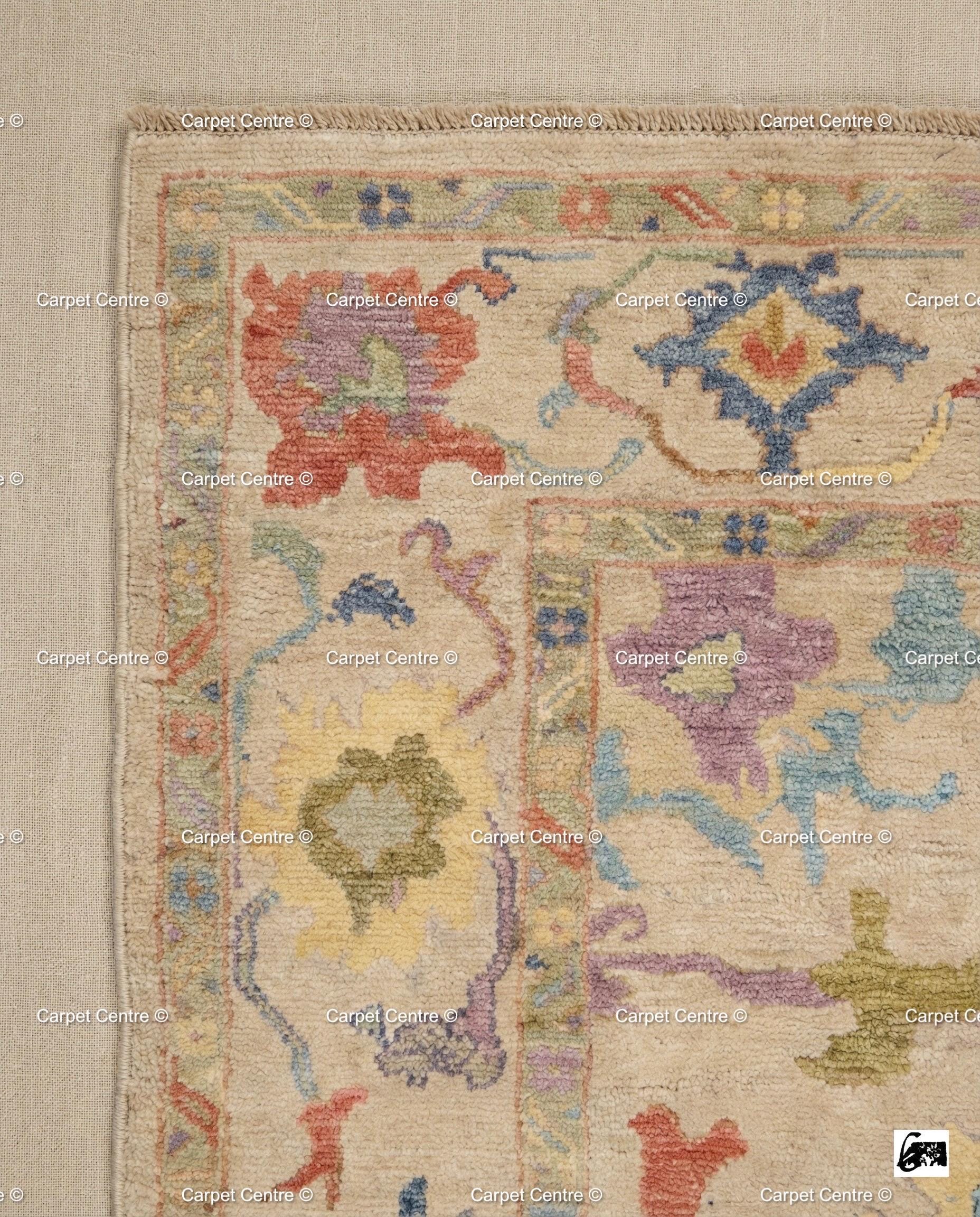 Hand Knotted Wool Oushak Rug – Beige & Pastel Floral, Turkish Knot