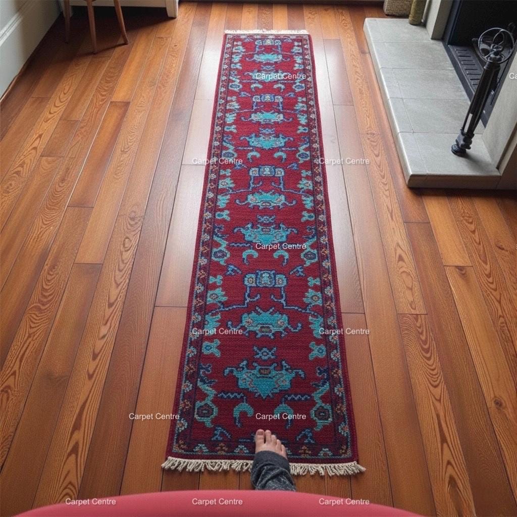 Maroon Oushak Runner Rug, Handwoven Wool Teal Tribal Design