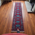 Maroon Oushak Runner Rug, Handwoven Wool Teal Tribal Design