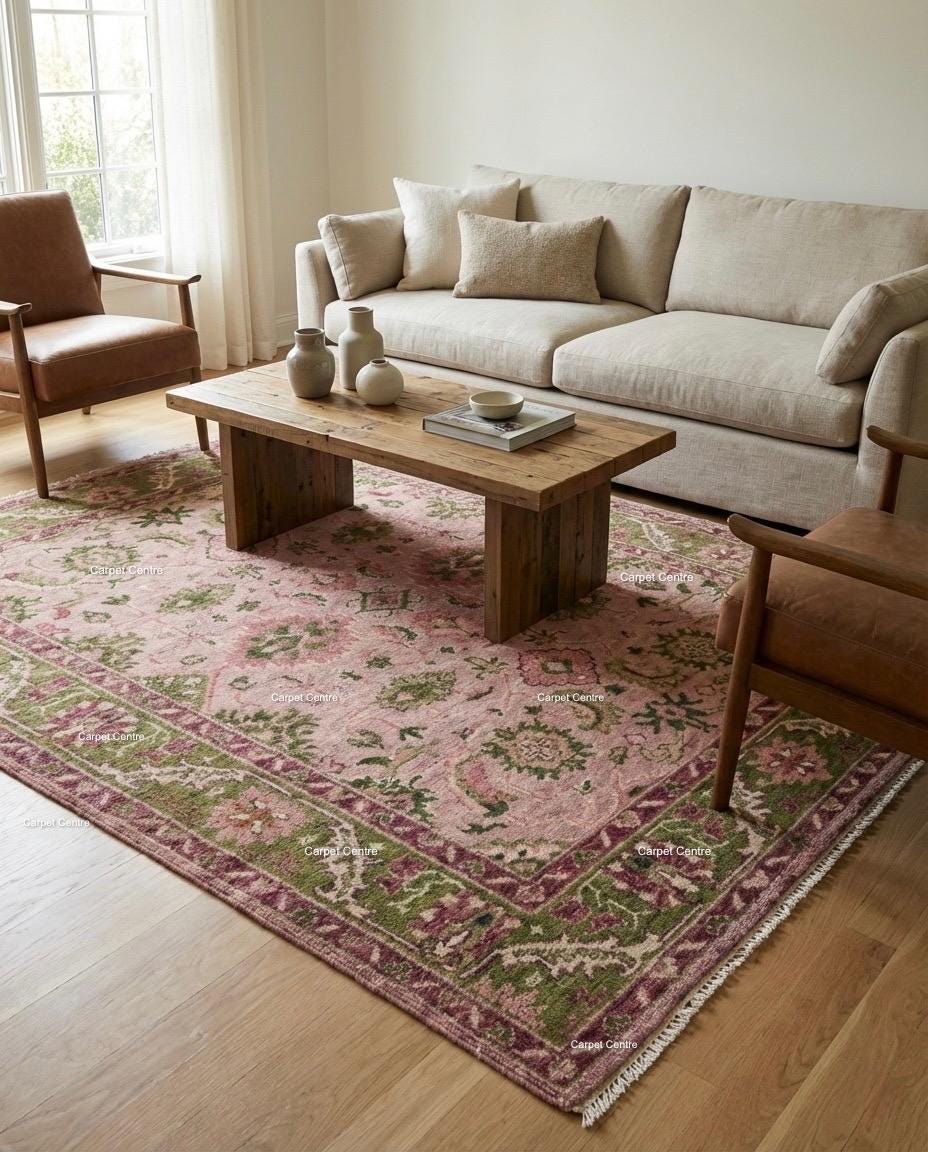 Hand Knotted Wool Oushak Rug – Rose Pink, Green Border, Turkish Floral Design