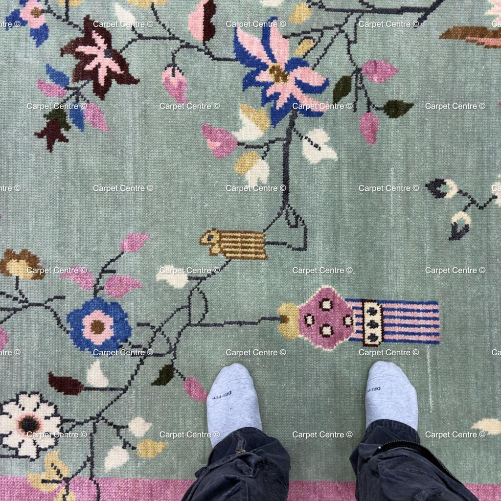 Hand Knotted Oushak Wool Rug, Chinoiserie Floral Oriental Carpet, Pastel Living Room Bedroom