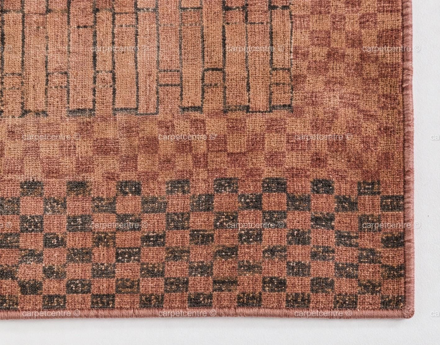 Terracotta Grid Oushak Rug | Rust, Blush, Sand, Charcoal | Hand-Knotted Wool Carpet