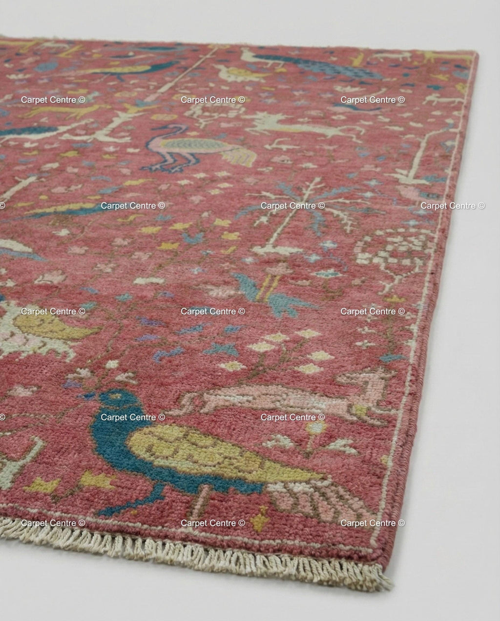 Pink Oushak Rug, Hand Knotted Wool Tree of Life Animal Rug