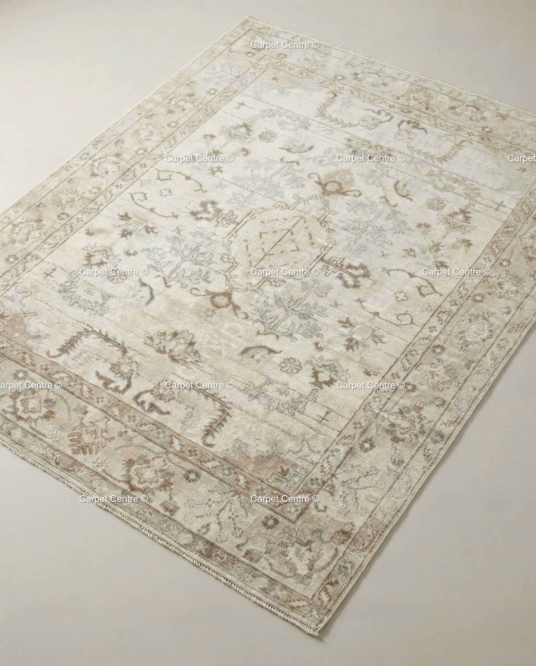 Neutral Beige Oushak Rug, Muted Cream & Taupe Medallion, Hand Knotted Wool Area Rug, Vintage Distressed Look, Modern Farmhouse Decor