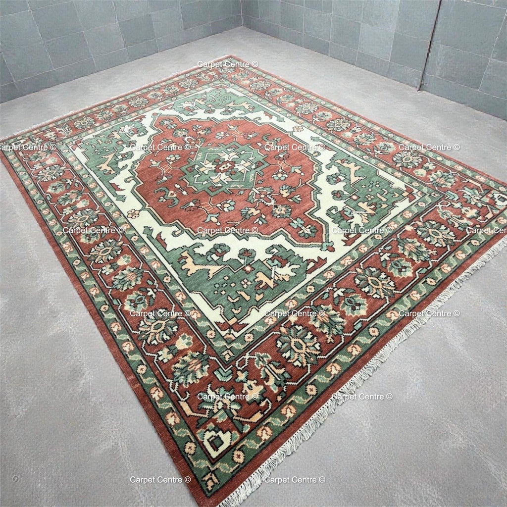 Hand Knotted Kazak Wool Area Oriental Geometric Green and Rust Carpet