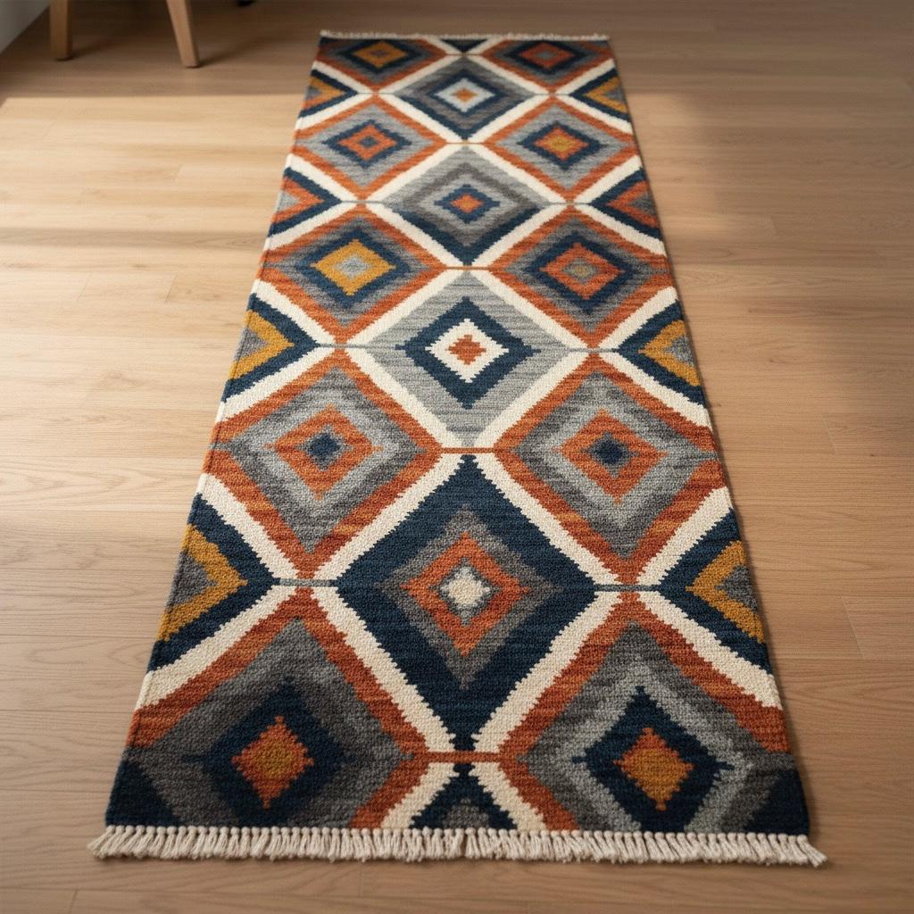 Handwoven Wool Runner Rug: Oushak Geometric Design