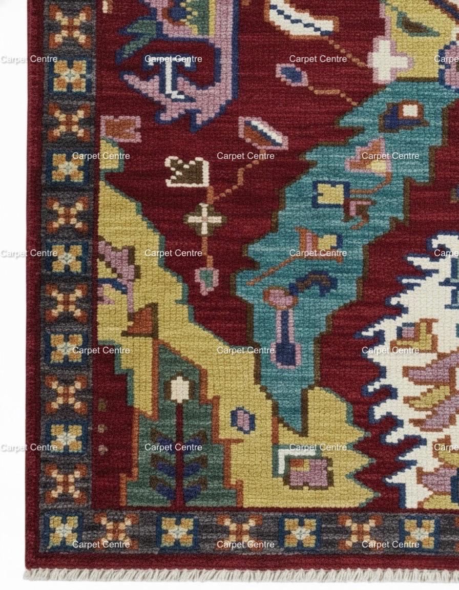 Red Oushak Rug, Hand-Knotted Wool, Geometric Kilim Design