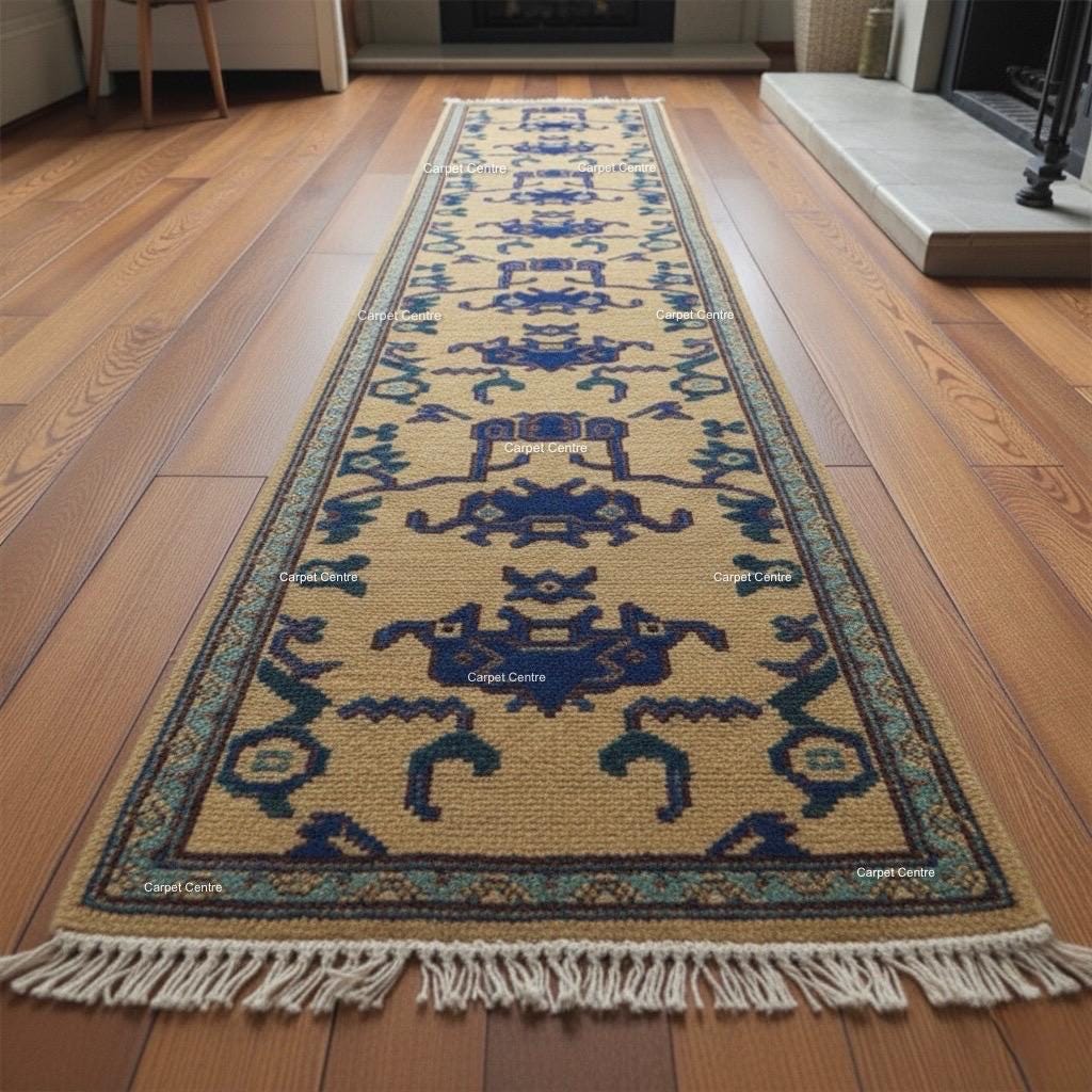 Hand-Knotted Wool Runner Rug, Golden Yellow Oushak, Navy Tribal Design