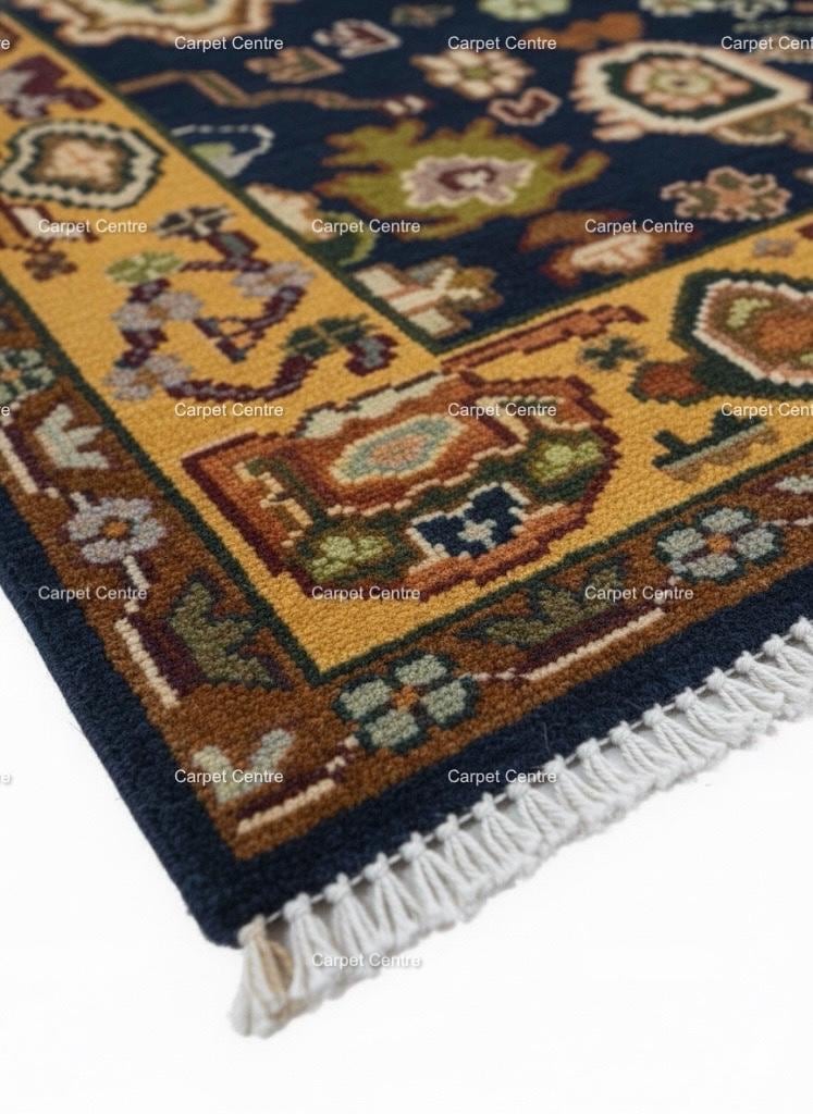Navy Blue Oushak Rug, Hand-Knotted Wool Rug, Gold Border