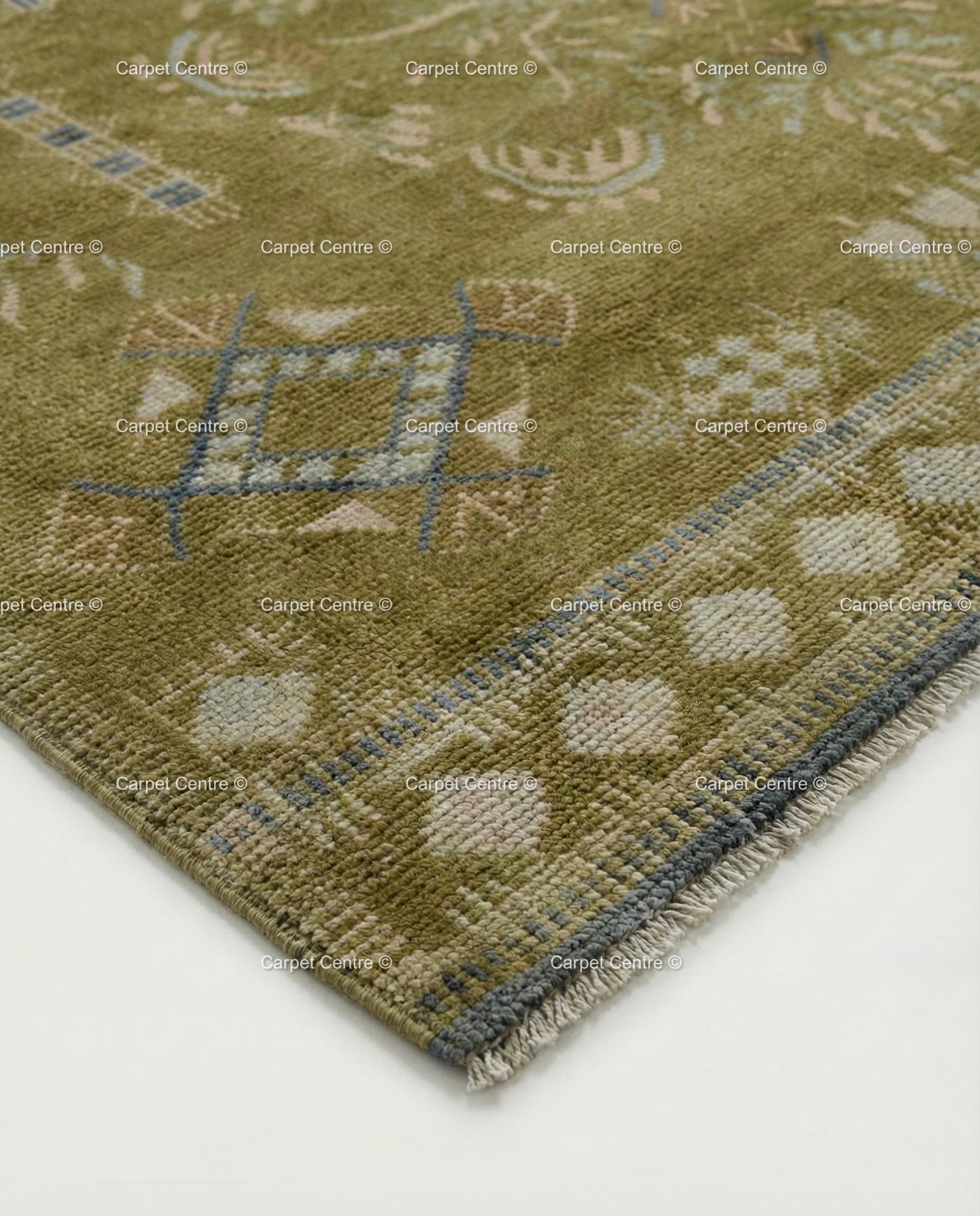 Hand-Knotted Olive Green Wool Oushak Rug 8x10 | Vintage Turkish Low Pile Carpet