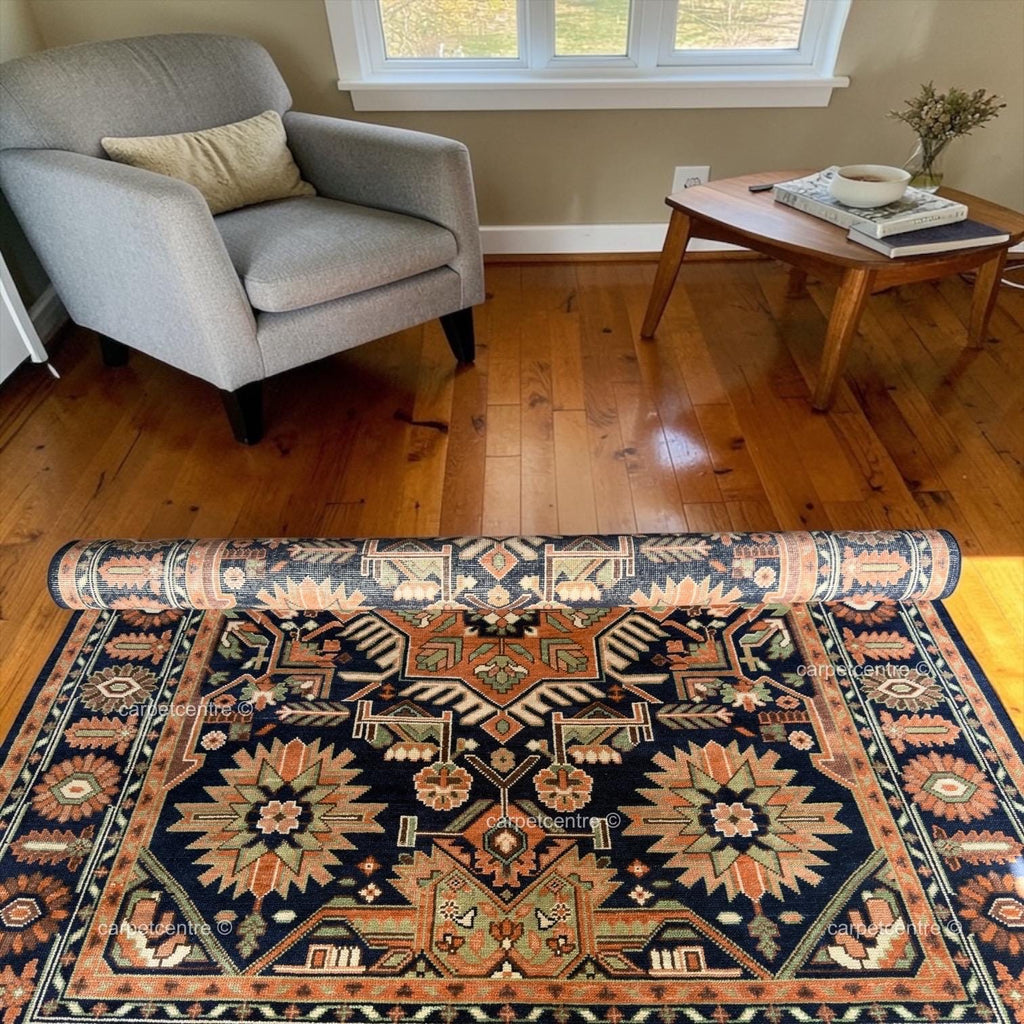 Hand-Knotted Oushak Wool Rug: Navy Blue Rust Tribal Rug, Traditional Decor